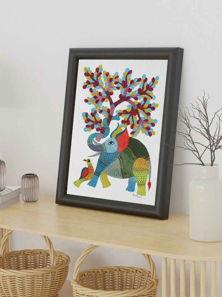 DecorElephant And Tree Gond Art Painting - UnframedKailash Pradhan