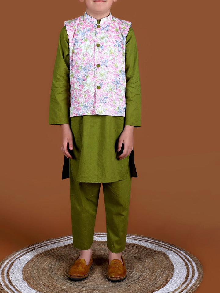 Suits & SetsFloral Jacket And Kurta Set Olive WhiteKalp