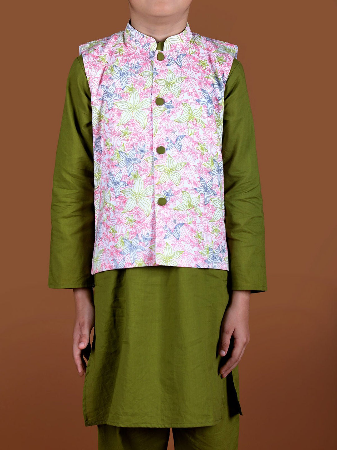 Suits & SetsFloral Jacket And Kurta Set Olive WhiteKalp