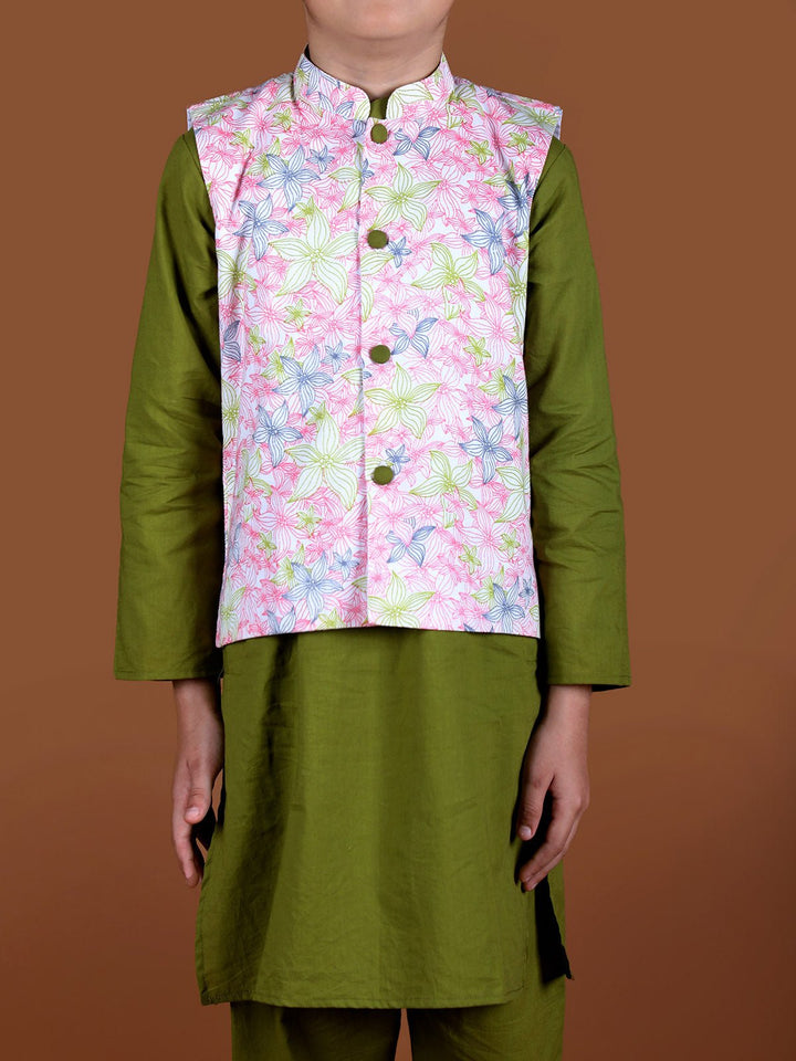 Suits & SetsFloral Jacket And Kurta Set Olive WhiteKalp