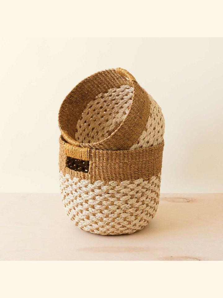 Home DecorGolden Brown Round Baskets, set of 2 - Handcrafted Bins | LIKHÂLIKHÂ