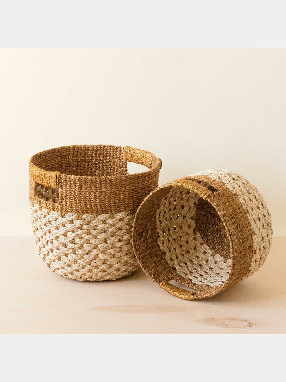 Home DecorGolden Brown Round Baskets, set of 2 - Handcrafted Bins | LIKHÂLIKHÂ