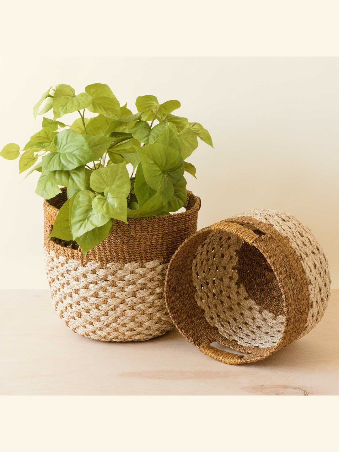 Home DecorGolden Brown Round Baskets, set of 2 - Handcrafted Bins | LIKHÂLIKHÂ