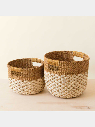 Home DecorGolden Brown Round Baskets, set of 2 - Handcrafted Bins | LIKHÂLIKHÂ