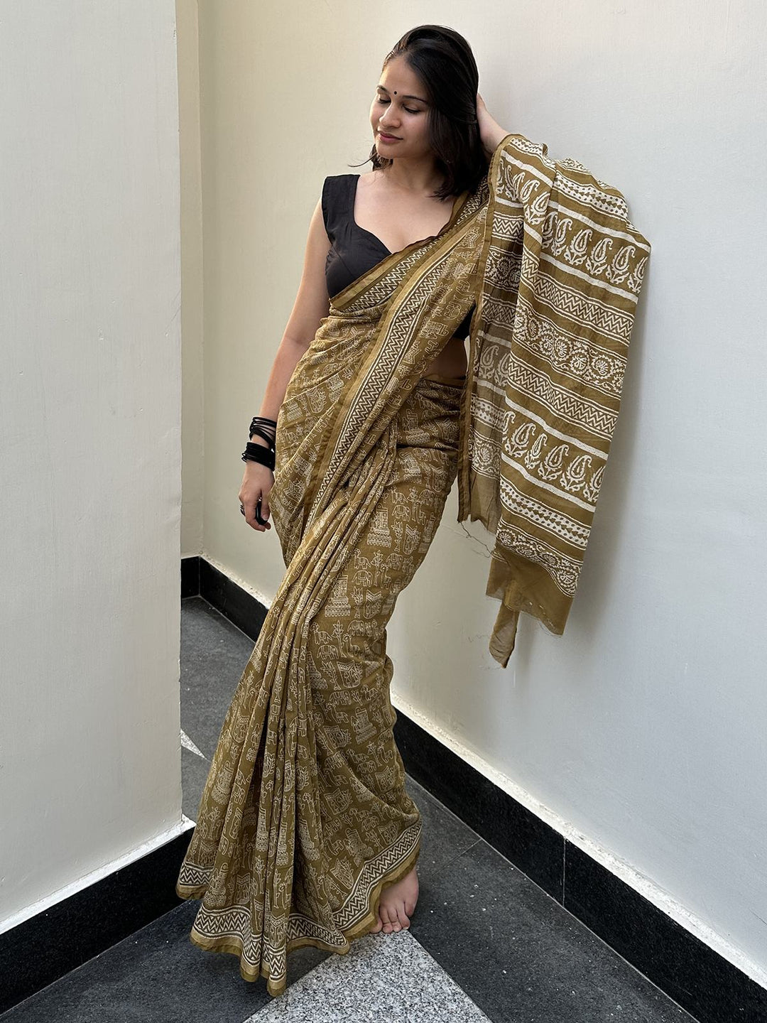 SareesHaathi Gatha Mehendi Chanderi Cotton SareePolki by Bhagwati SareesFlourish Planet