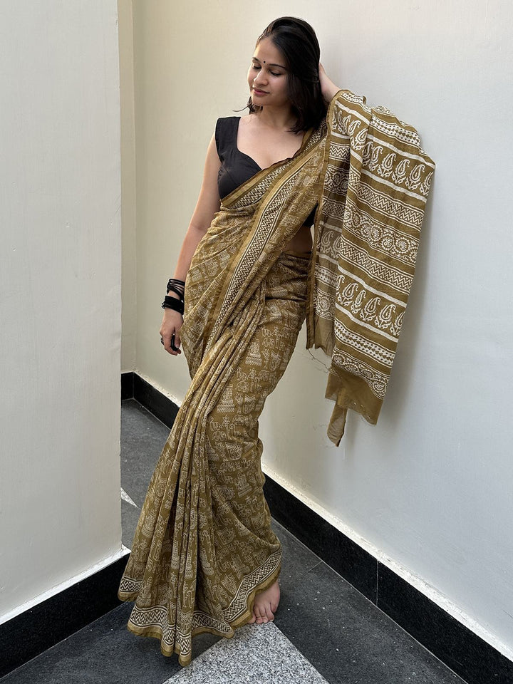 SareesHaathi Gatha Mehendi Chanderi Cotton SareePolki by Bhagwati SareesFlourish Planet