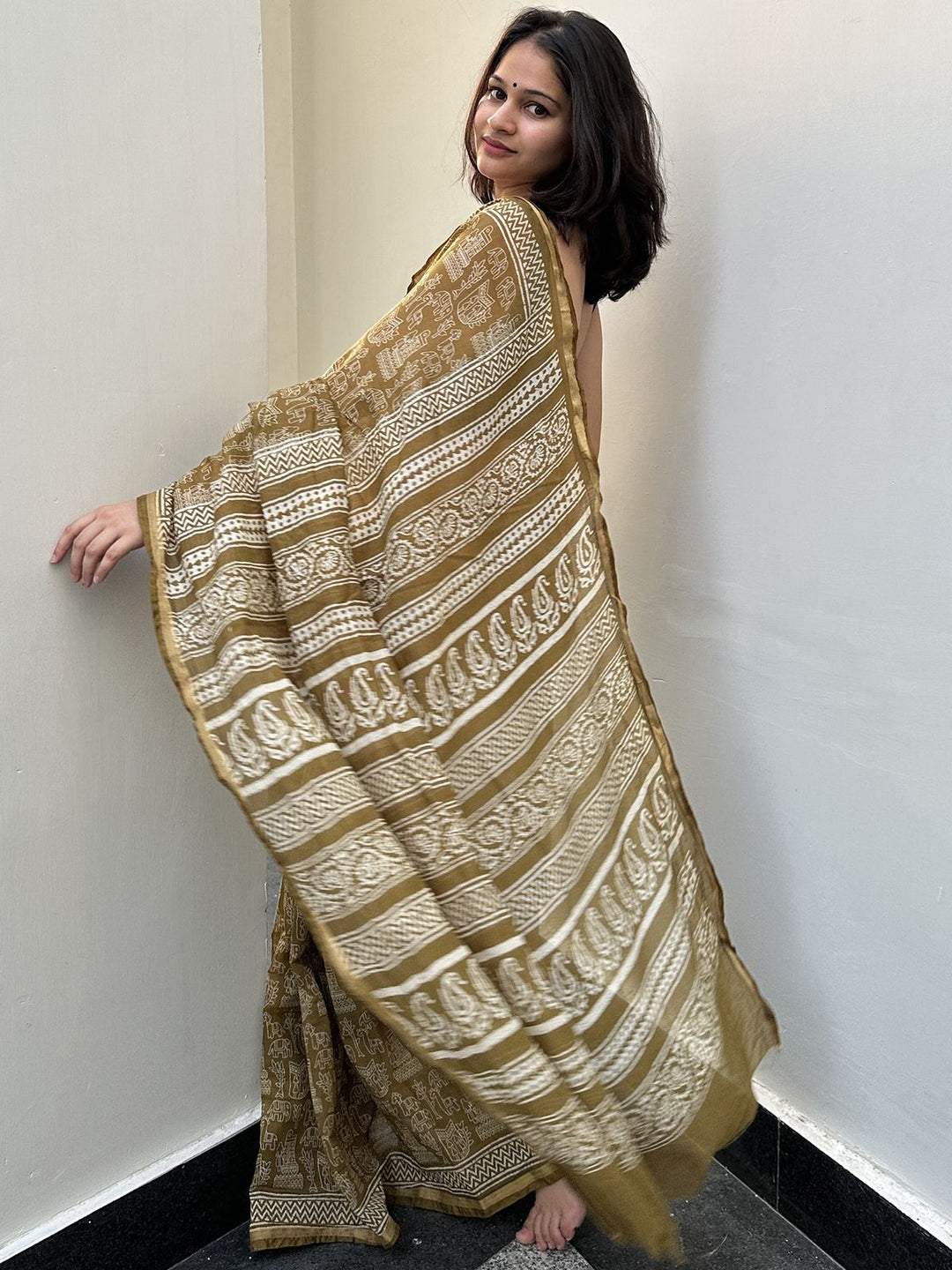 SareesHaathi Gatha Mehendi Chanderi Cotton SareePolki by Bhagwati SareesFlourish Planet