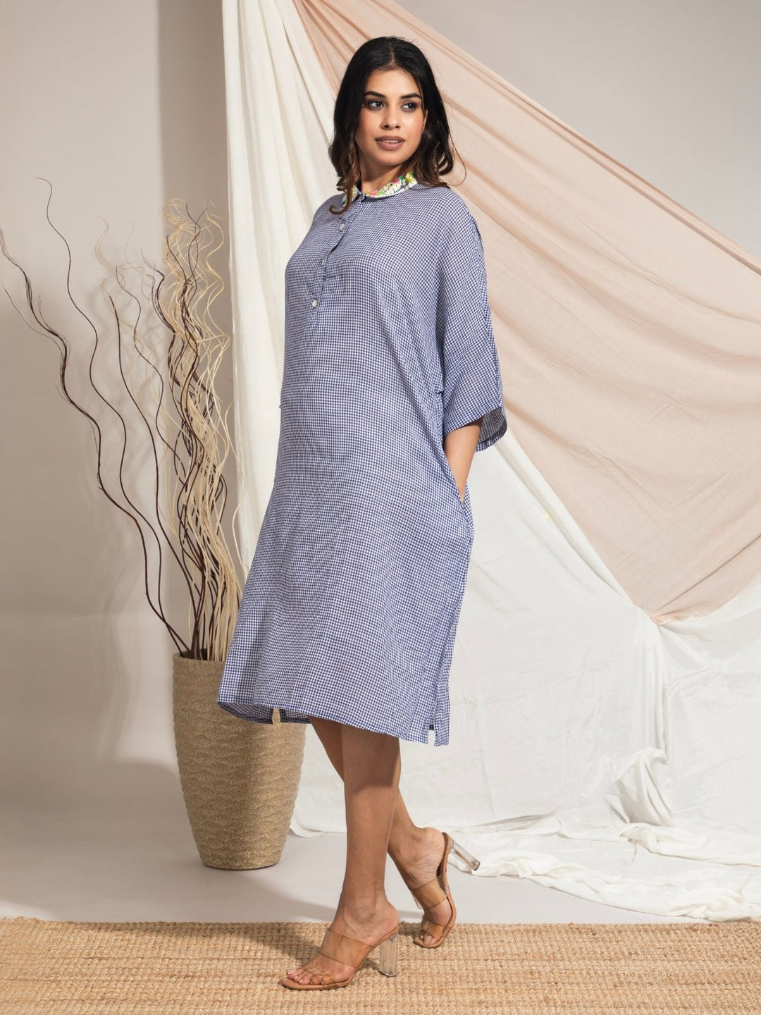 cotton muslin dress Habiba Hand Woven Cotton Muslin Dress with Embroidered Collar