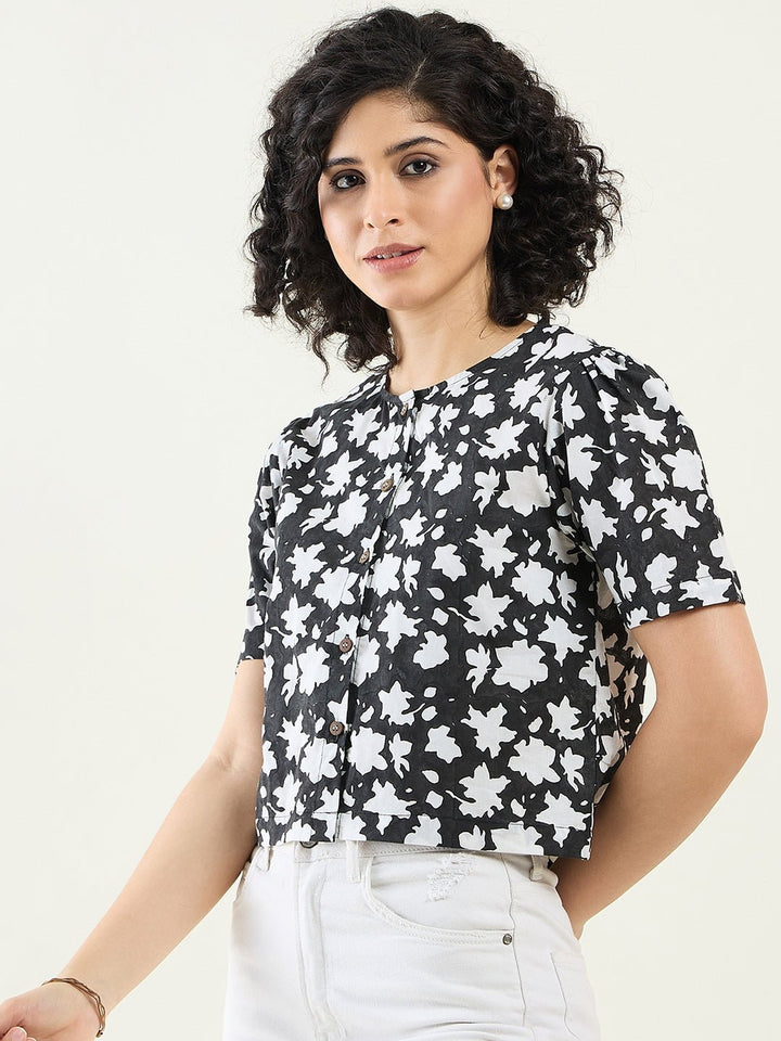 TopsHalf - Sleeves Floral Cropped Shirt topArras