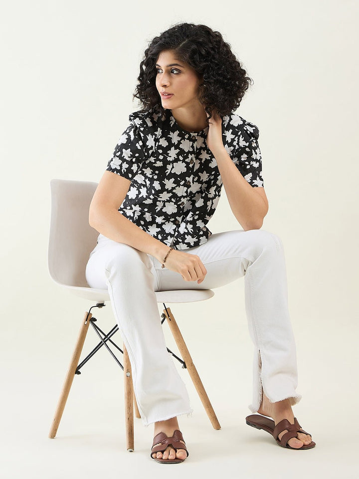 TopsHalf - Sleeves Floral Cropped Shirt topArras