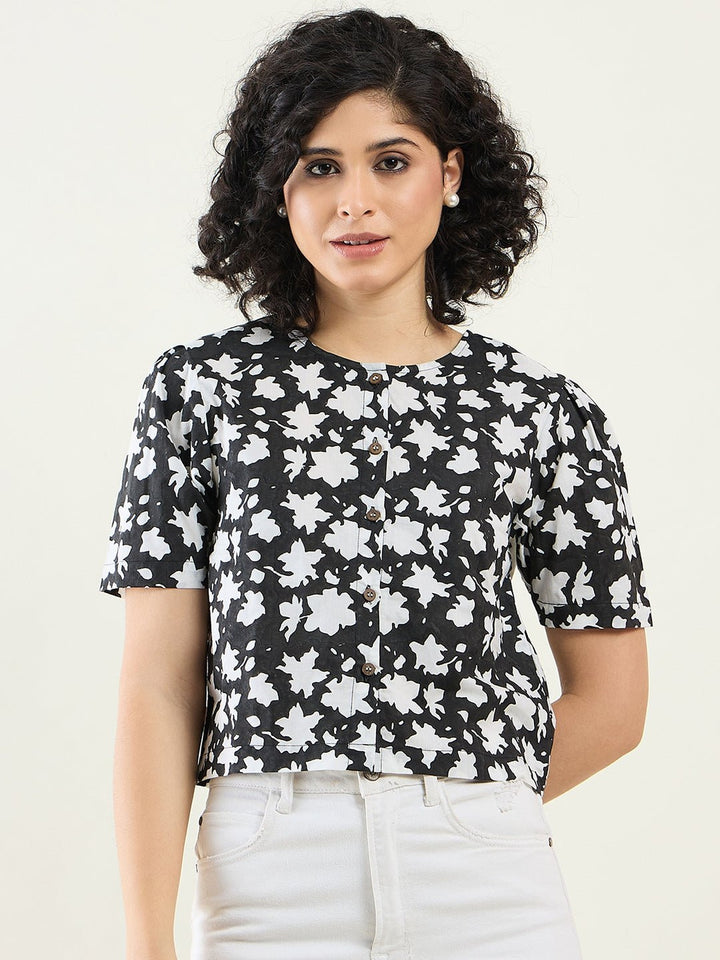 TopsHalf - Sleeves Floral Cropped Shirt topArras