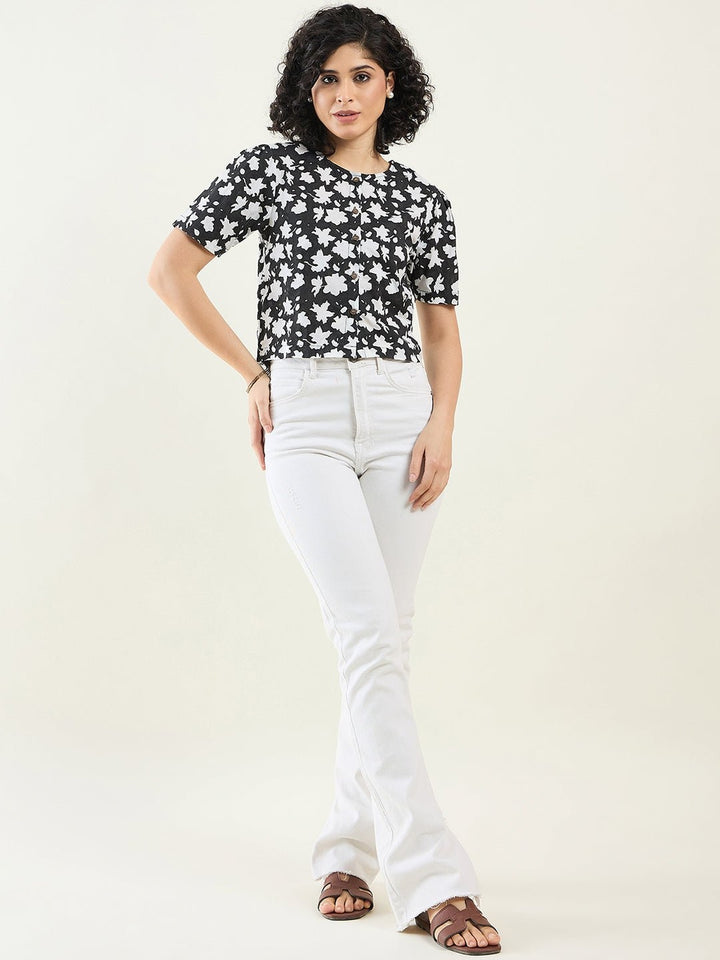 TopsHalf - Sleeves Floral Cropped Shirt topArras