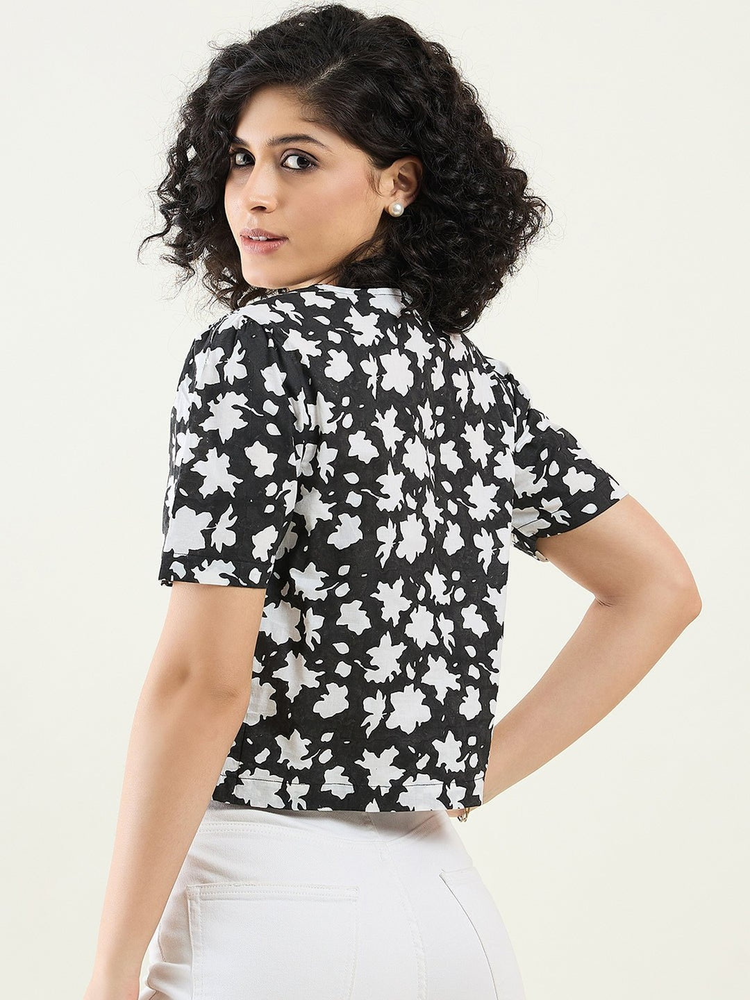 TopsHalf - Sleeves Floral Cropped Shirt topArras