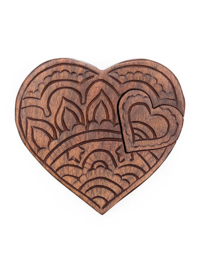 Heart Puzzle Box Jewelry Holder - Hand Carved Wood