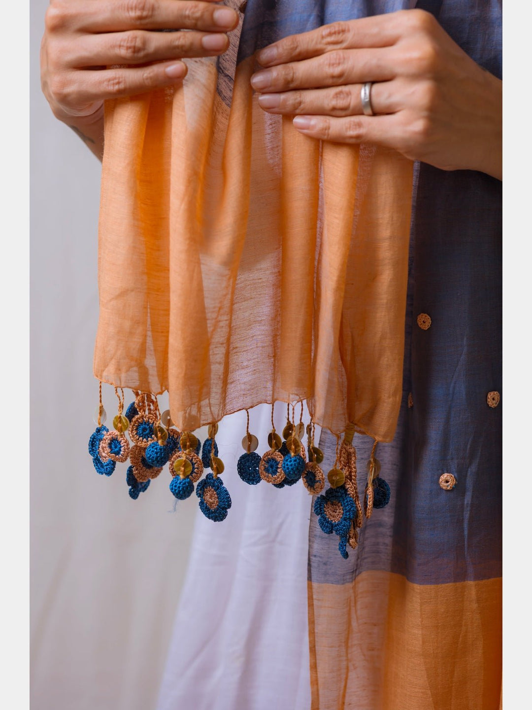 Scarves and WrapsIndigo & Beige Flower Tassel StoleSamoolam