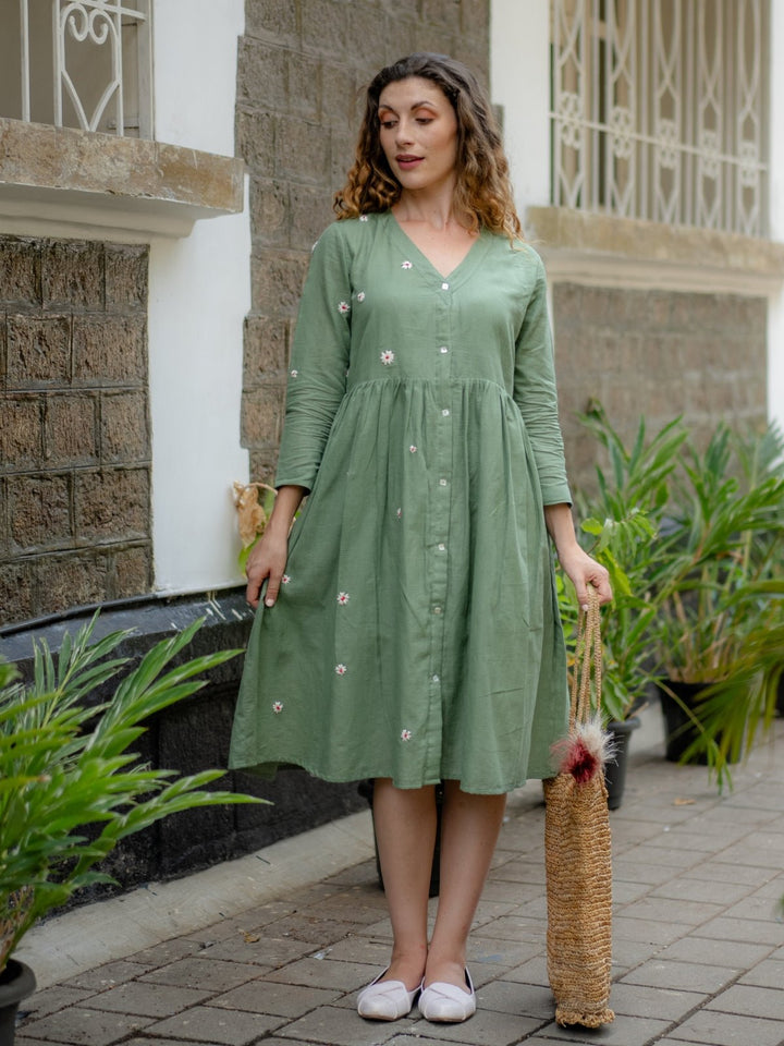 DressesJade Green Hand - embroidered Fit & Flare DressKrushnachuda