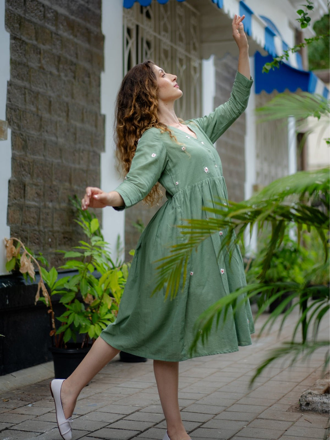 Jade Green Hand-embroidered Fit & Flare Dress | Flourish Planet Jade Green Hand-embroidered Fit & Flare Dress | Flourish Planet