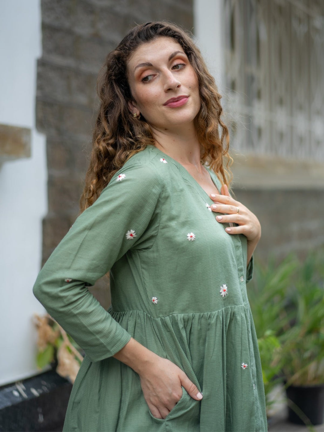 Jade Green Hand-Embroidered Fit & Flare Dress | Flourish Planet L Jade Green Hand-Embroidered Fit & Flare Dress | Flourish Planet L