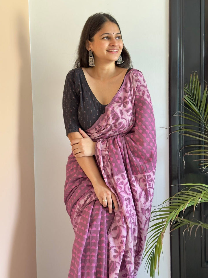 SareesKacchi Imli Purple Dabu Print SareePolki by Bhagwati SareesFlourish Planet