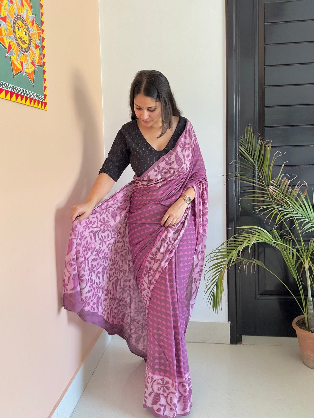 SareesKacchi Imli Purple Dabu Print SareePolki by Bhagwati SareesFlourish Planet