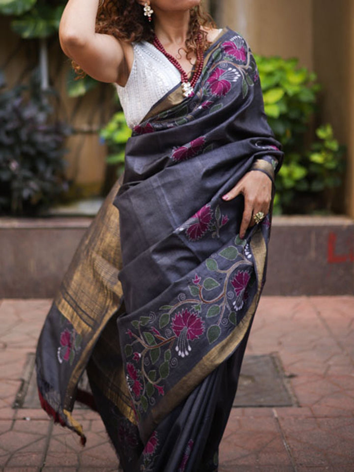 SareesKosa Silk Saree With Kantha Embroidery GreyFor Sarees