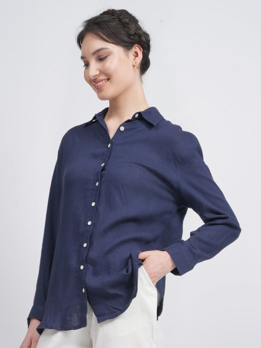 TopsLinen Solid Button-Down ShirtSaltpetre