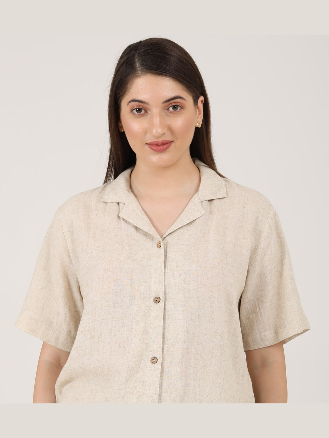 TopsLinen Solid Cuban Collar ShirtSaltpetre