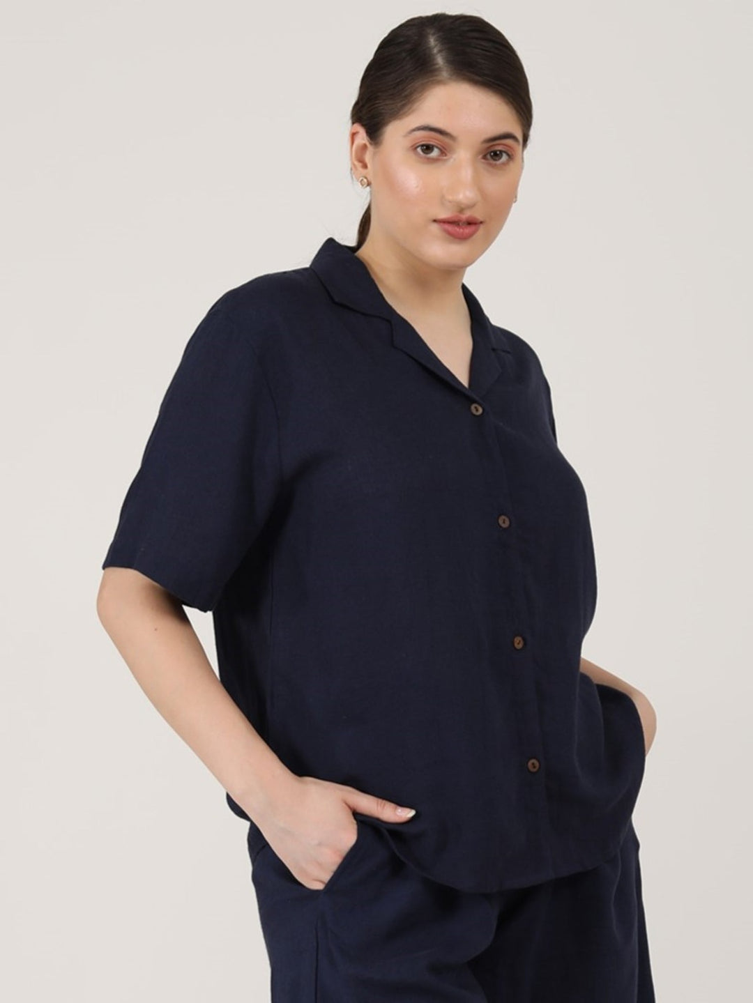 TopsLinen Solid Cuban Collar ShirtSaltpetre