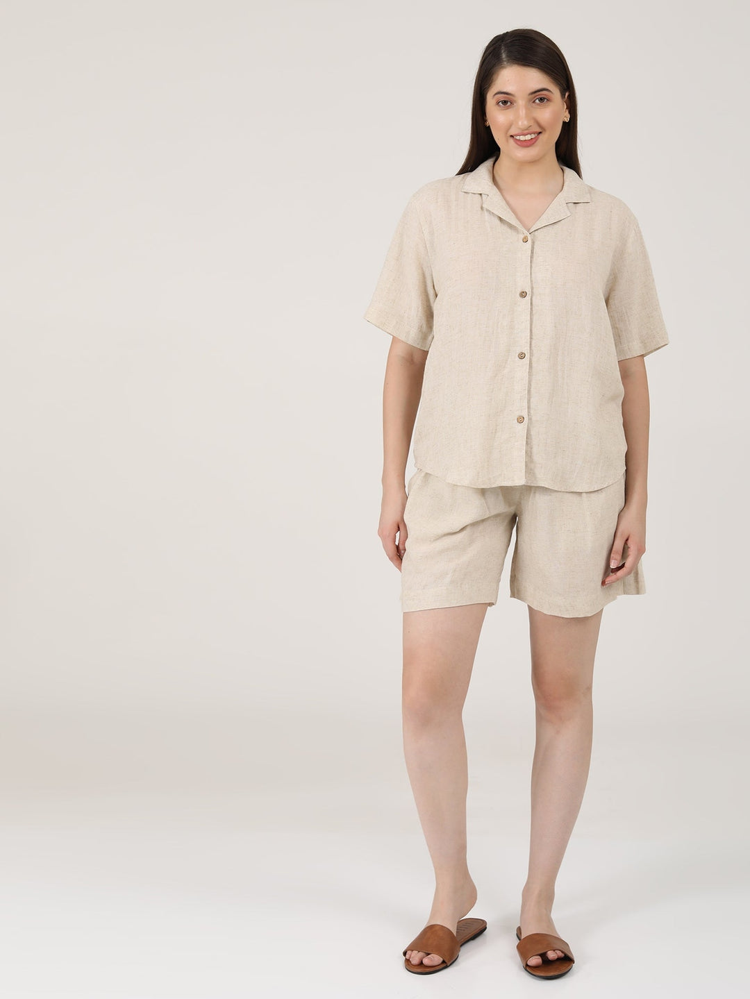 TopsLinen Solid Cuban Collar ShirtSaltpetre