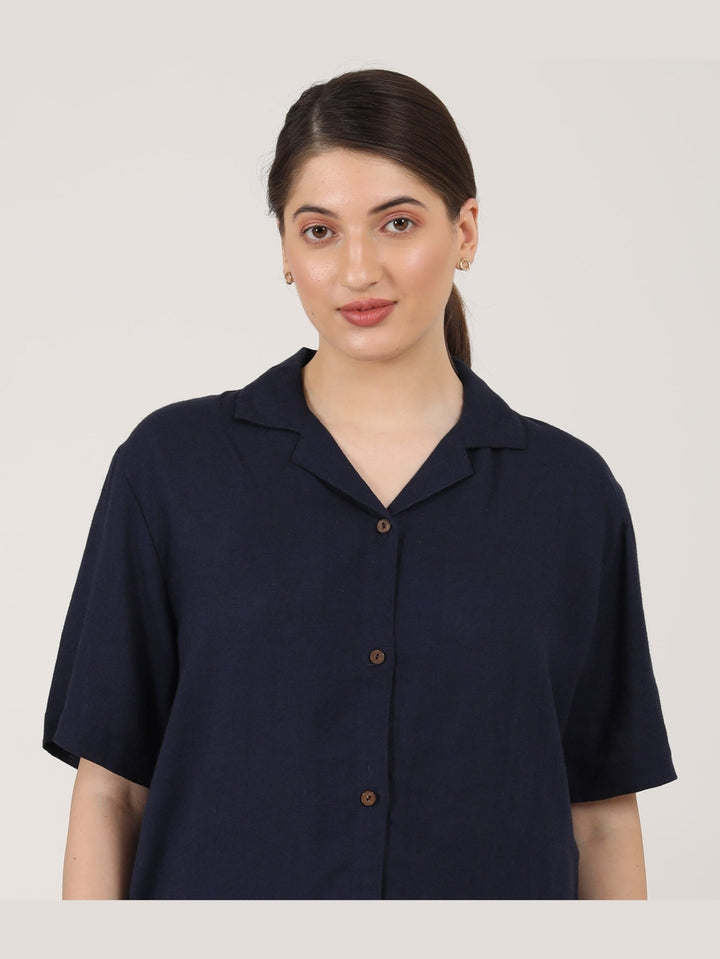 TopsLinen Solid Cuban Collar ShirtSaltpetre