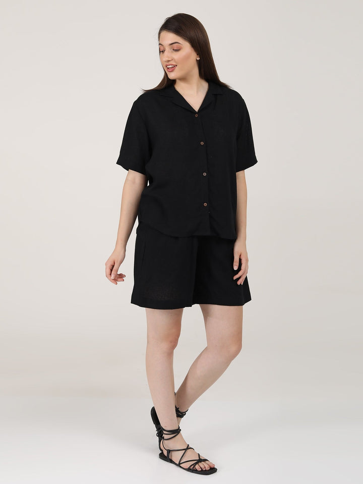 TopsLinen Solid Cuban Collar ShirtSaltpetre