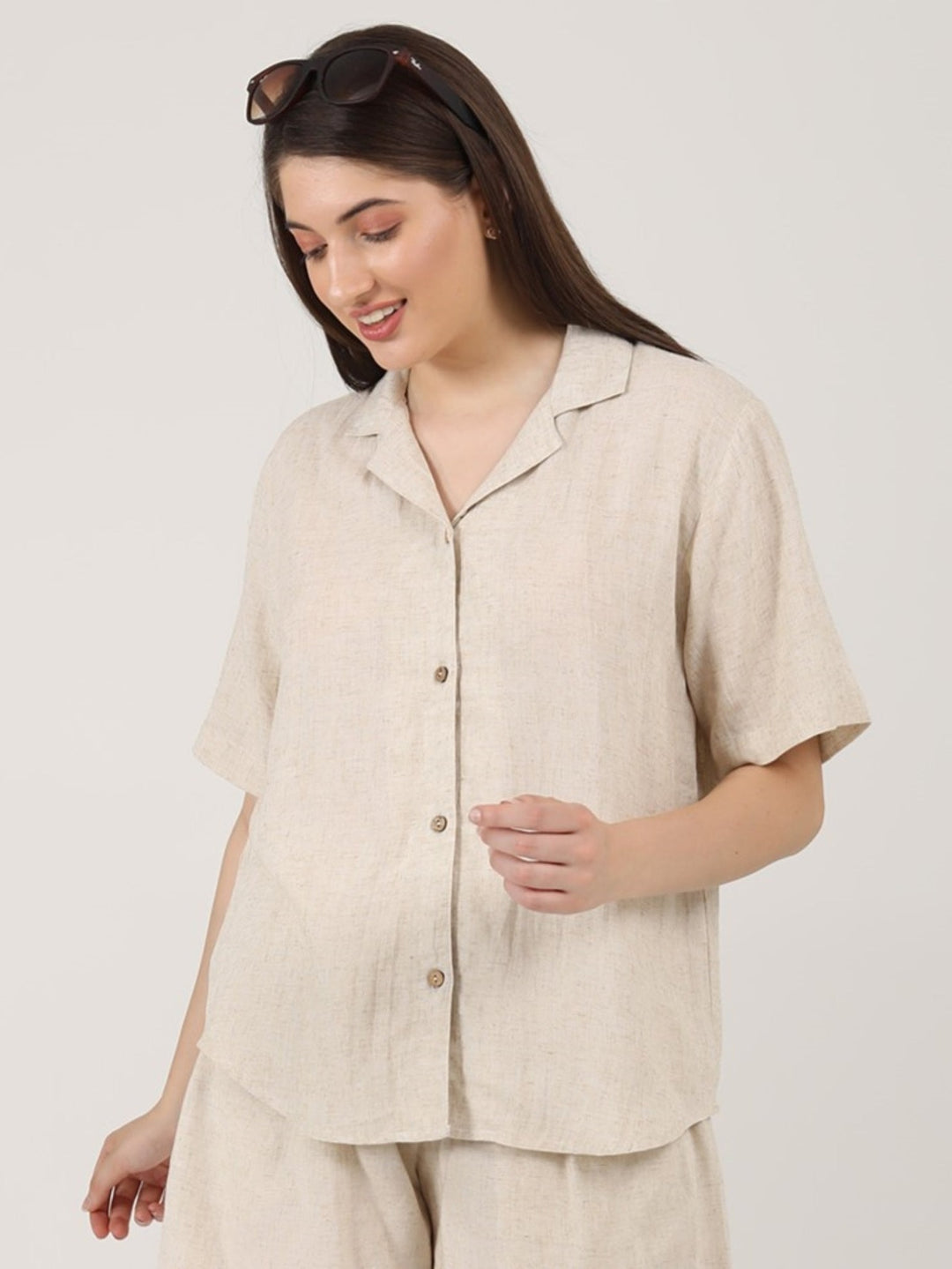 TopsLinen Solid Cuban Collar ShirtSaltpetre