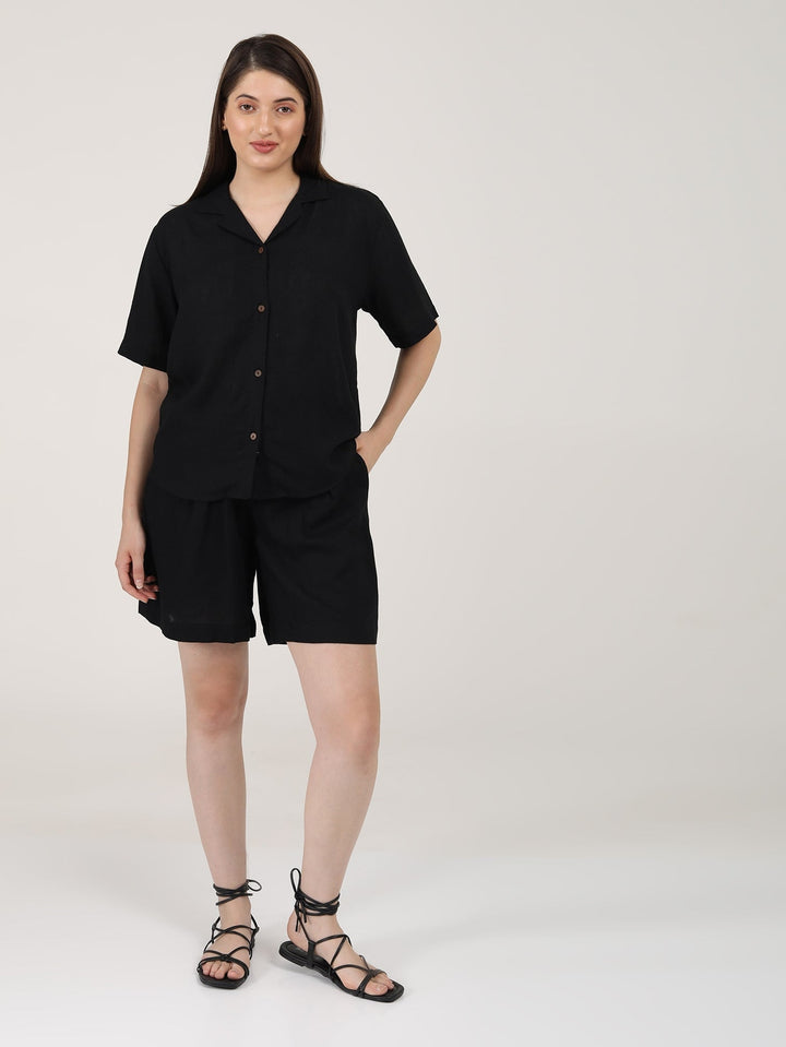 TopsLinen Solid Cuban Collar ShirtSaltpetre