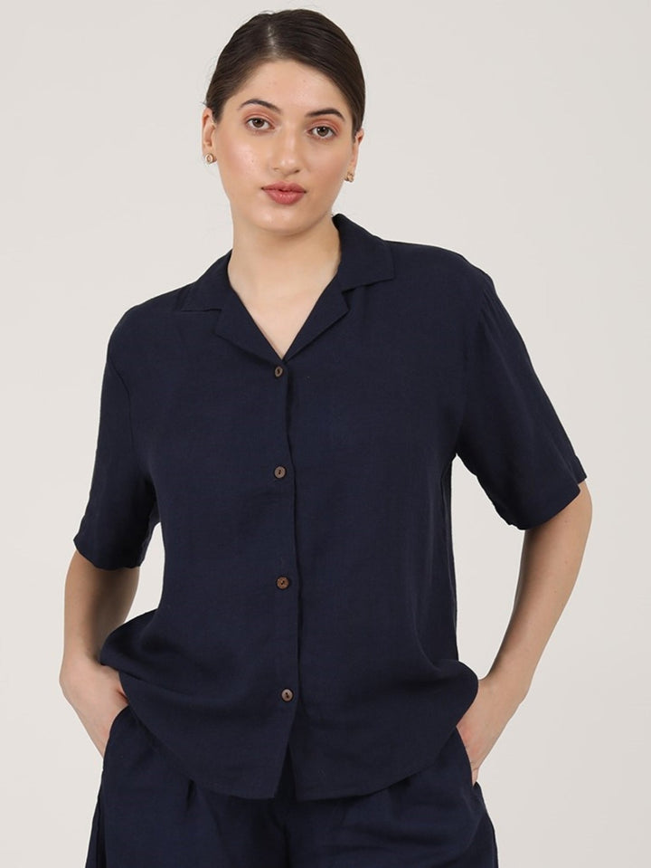 TopsLinen Solid Cuban Collar ShirtSaltpetre