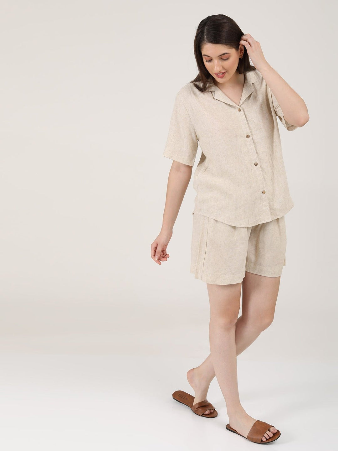 Co - ord SetLinen Solid Cuban Collar Shirt with Shorts Co - ord SetSaltpetre