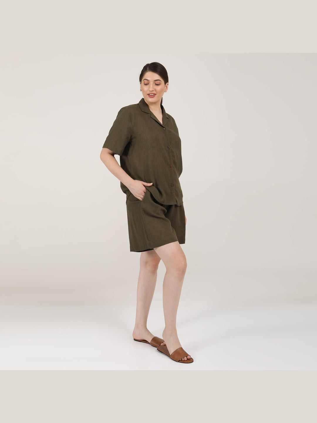 Co - ord SetLinen Solid Cuban Collar Shirt with Shorts Co - ord SetSaltpetre