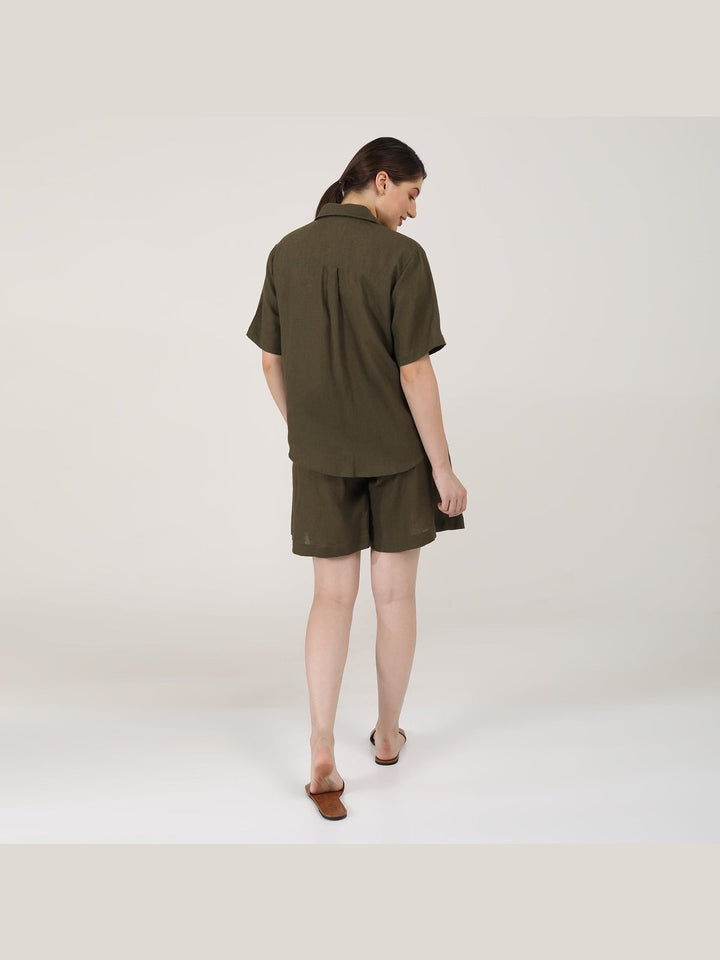 Co - ord SetLinen Solid Cuban Collar Shirt with Shorts Co - ord SetSaltpetre