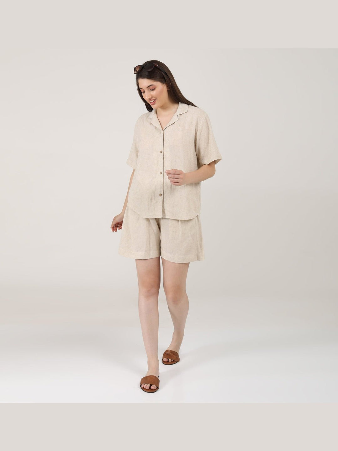 Co - ord SetLinen Solid Cuban Collar Shirt with Shorts Co - ord SetSaltpetre