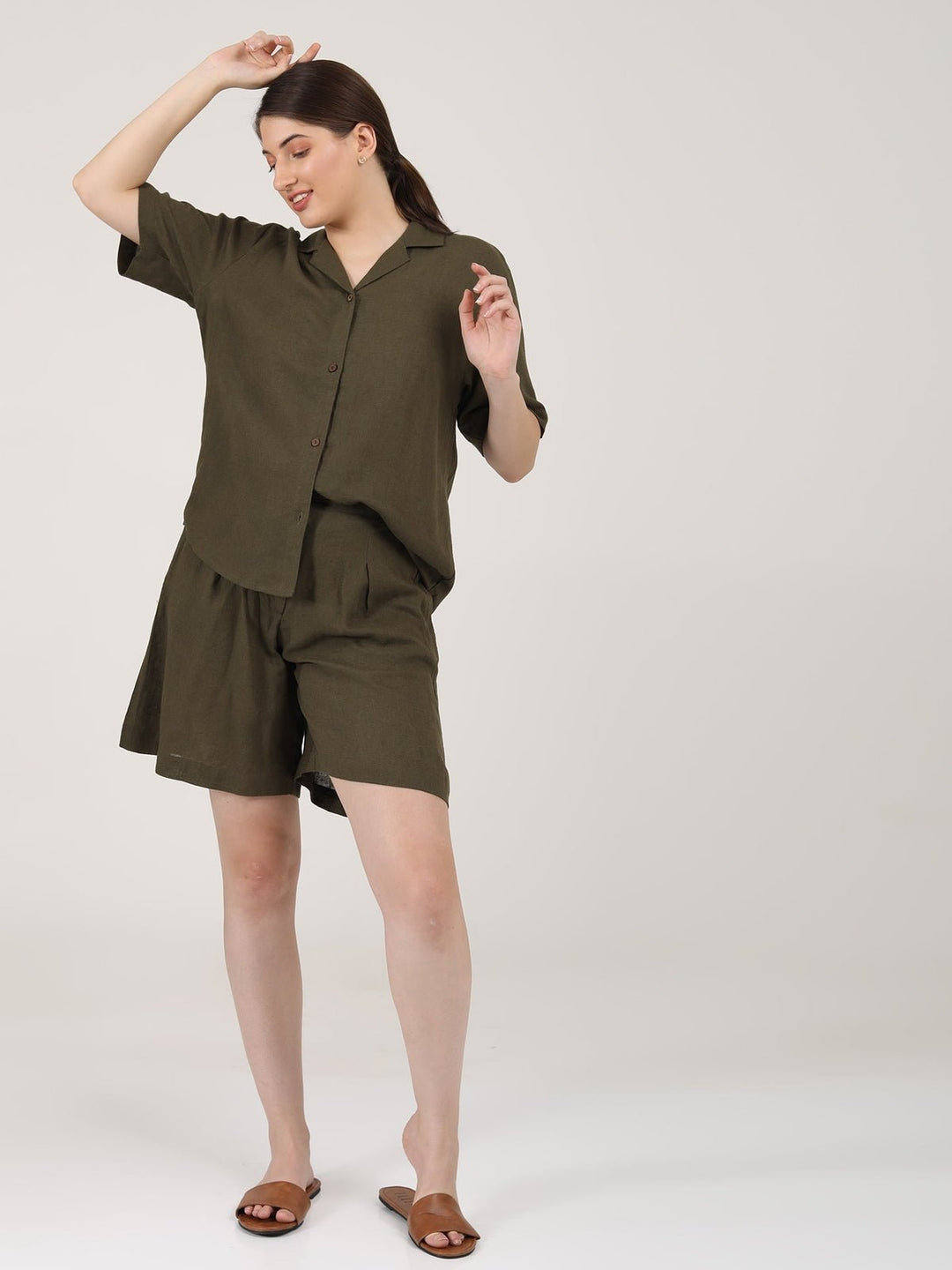 Co - ord SetLinen Solid Cuban Collar Shirt with Shorts Co - ord SetSaltpetre