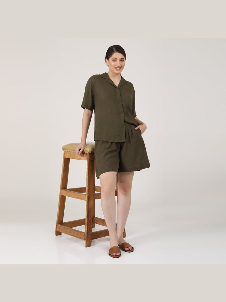 Co - ord SetLinen Solid Cuban Collar Shirt with Shorts Co - ord SetSaltpetre