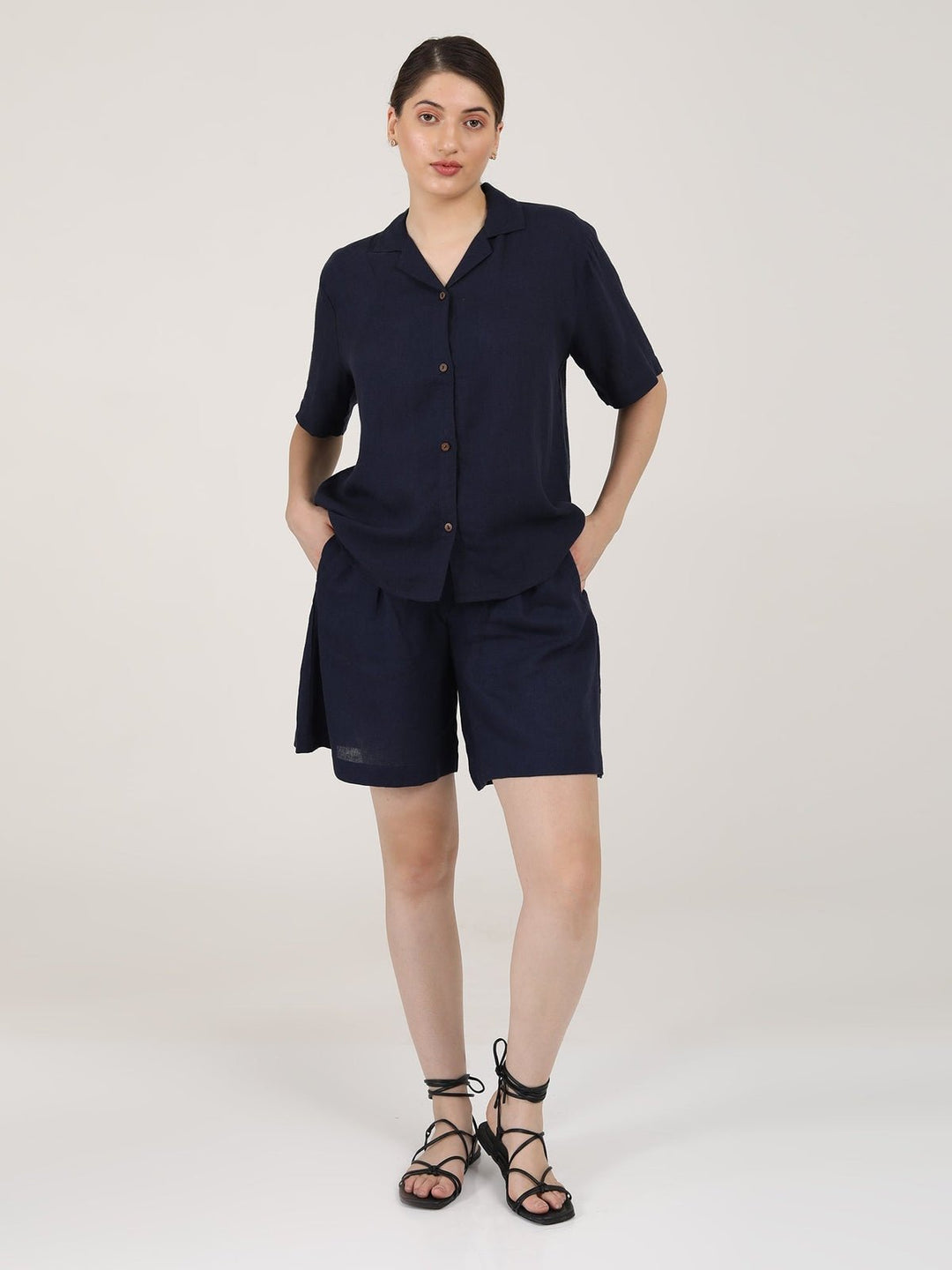 Co - ord SetLinen Solid Cuban Collar Shirt with Shorts Co - ord SetSaltpetre