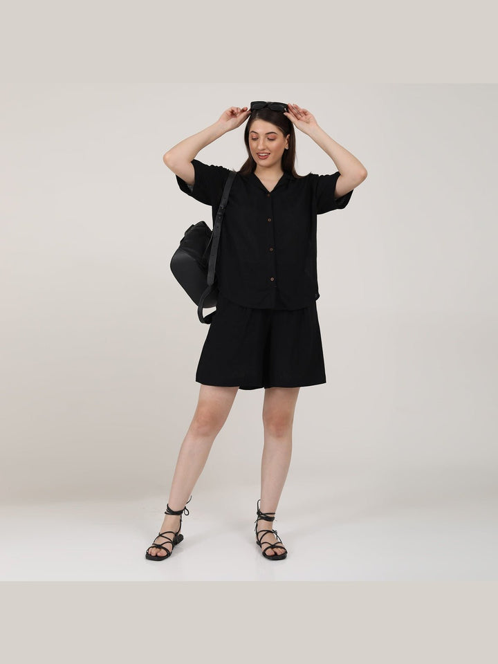 Co - ord SetLinen Solid Cuban Collar Shirt with Shorts Co - ord SetSaltpetre