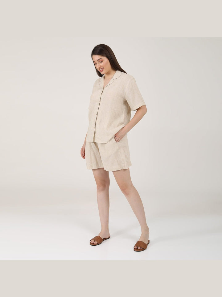 Co - ord SetLinen Solid Cuban Collar Shirt with Shorts Co - ord SetSaltpetre