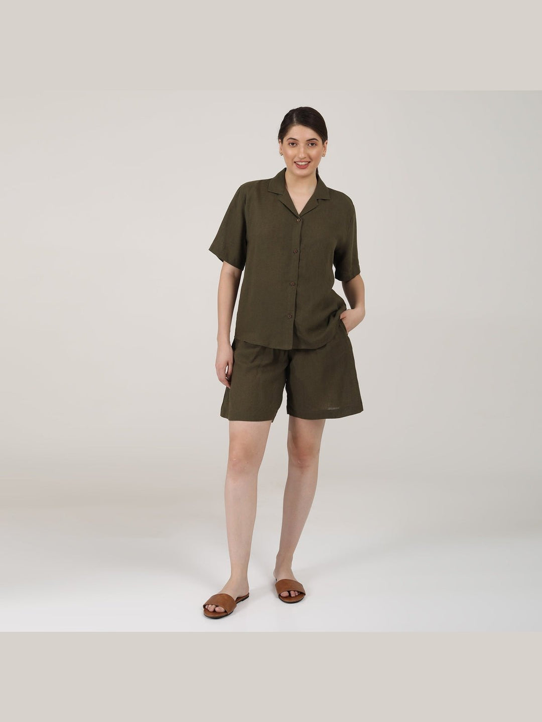 Co - ord SetLinen Solid Cuban Collar Shirt with Shorts Co - ord SetSaltpetre