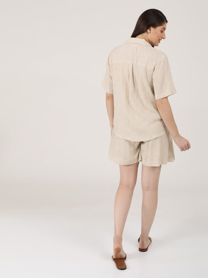 Co - ord SetLinen Solid Cuban Collar Shirt with Shorts Co - ord SetSaltpetre