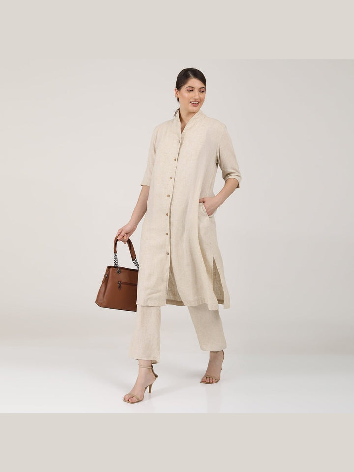 Co - ord SetLinen Solid Long Shirt with Wide Leg Pant Co - ord SetSaltpetre