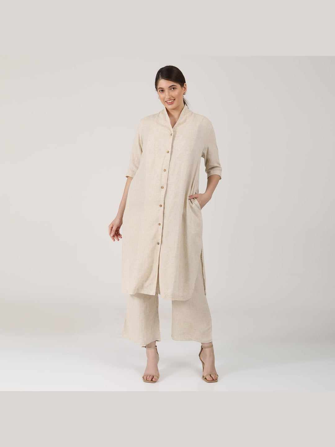 Co - ord SetLinen Solid Long Shirt with Wide Leg Pant Co - ord SetSaltpetre