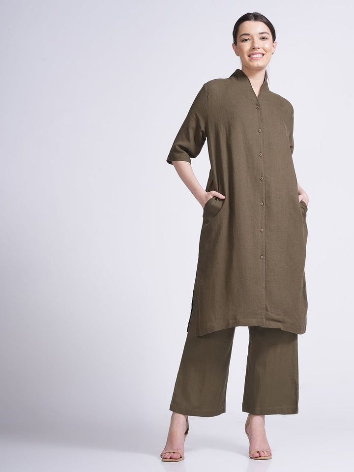 Co - ord SetLinen Solid Long Shirt with Wide Leg Pant Co - ord SetSaltpetre