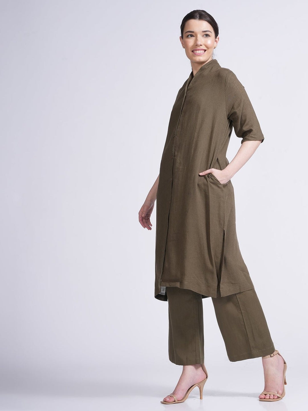 Co - ord SetLinen Solid Long Shirt with Wide Leg Pant Co - ord SetSaltpetre