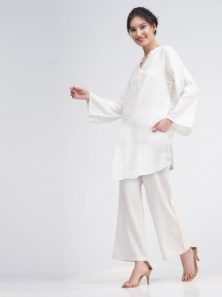 Co - ord SetLinen Solid Mandarin Neck Top with Trousers Co - ord SetSaltpetre